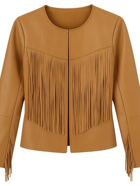 NWOT Colleen Lopez Faux Leather Fringe Jacket – Camel – XXS